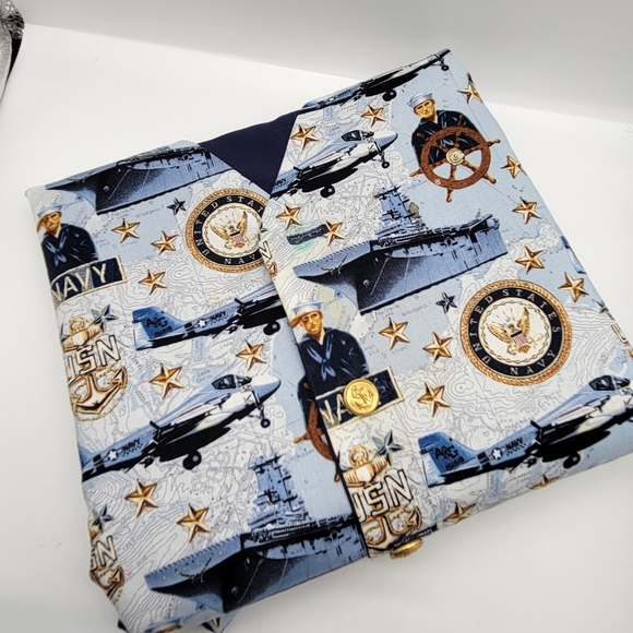 Vest Vintage Hand Crafted Navy Gold Tone Buttons XL Lightweight Graphic Ship - Picture 8 of 8